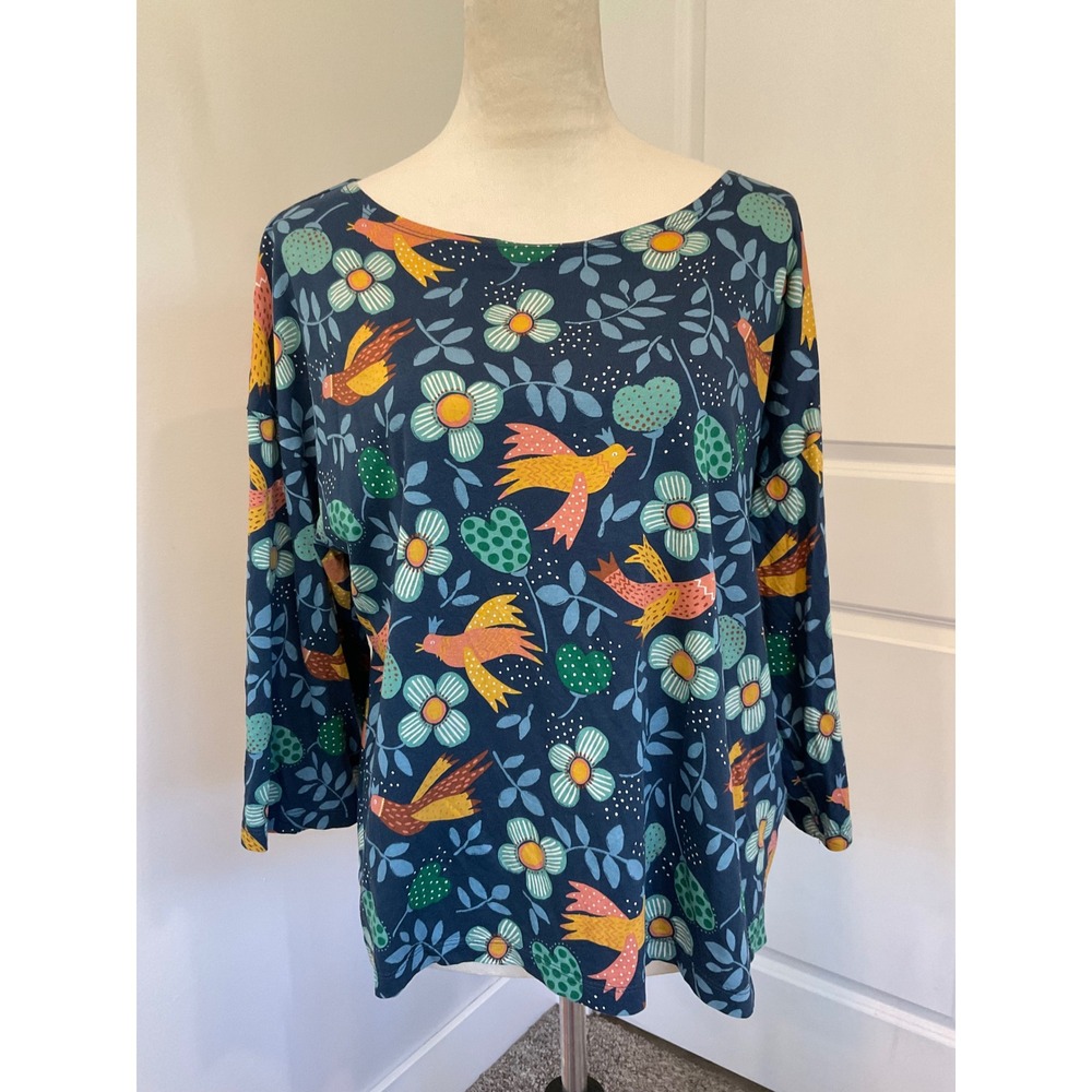 Gudrun Sjoden Large Blue Bird Floral Organic Cotton Modal Knit Top L Scandi